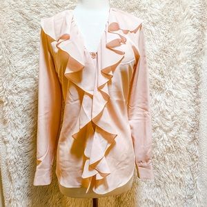 Blush pink ruffle front blouse.